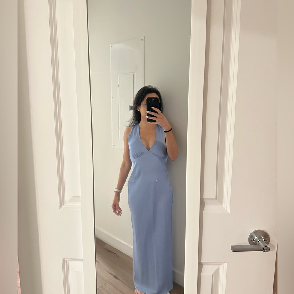 Abercrombie & Fitch Plunge Cowl Back Formal Dusty Blue Maxi petite Dress